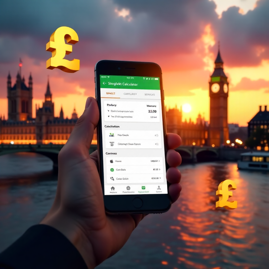 A hand holding a high-end smartphone displaying a professional Single Bet Calculator app with a clean white and emerald green interface, background is the London skyline with the Big Ben and Westminster Bridge at sunset, 3D golden British Pound symbols (£